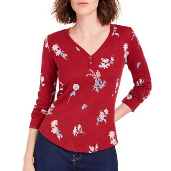 Lucky Brand Burgundy Red Floral V-Neck Waffle Knit Top NWT - Picture 13 of 13